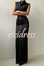 Solid Color Casual Sleeveless Crop Top and Elegant Button-down Maxi Skirt Set