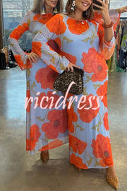 Perfect Cross-season Mesh Poppy Flower Print Long Sleeve Stretch Maxi Dress