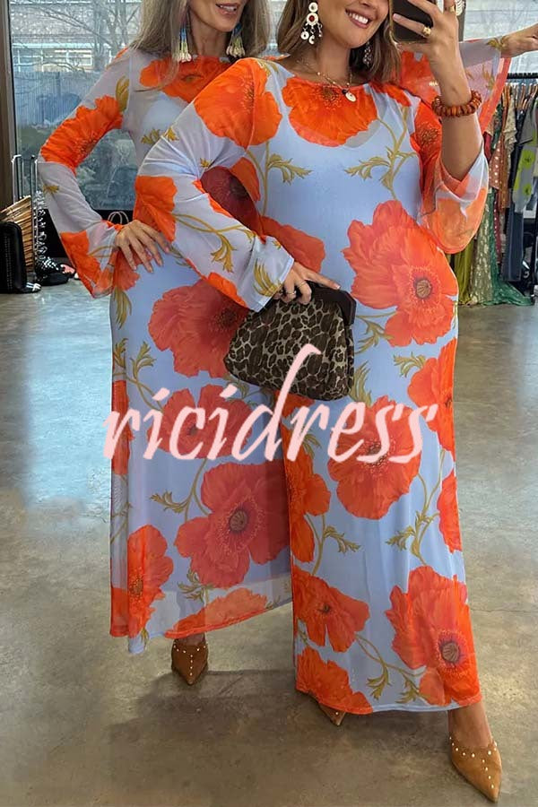 Perfect Cross-season Mesh Poppy Flower Print Long Sleeve Stretch Maxi Dress
