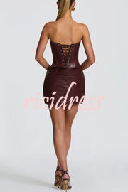 Palmer Faux Leather Pleated Off Shoulder Neck Slit Stretch Mini Dress