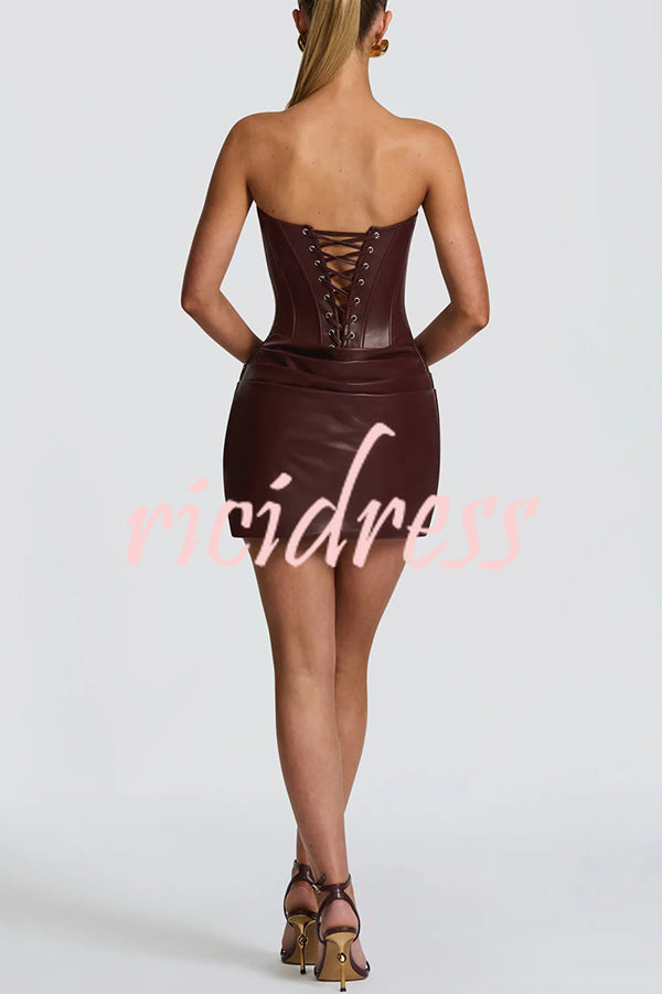 Palmer Faux Leather Pleated Off Shoulder Neck Slit Stretch Mini Dress