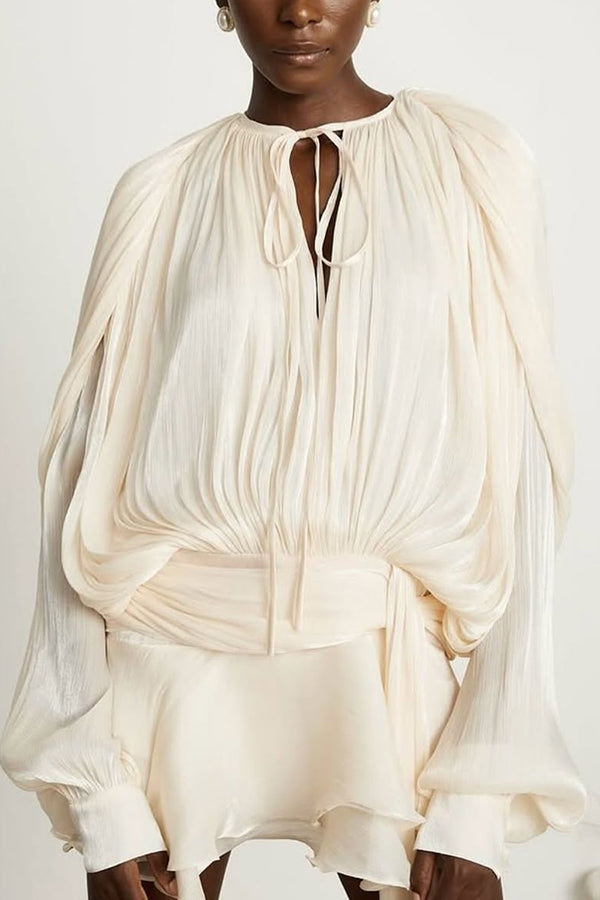 Solid Color Long-sleeved Belted Asymmetrical Mini Dress and Elastic Waist Casual Shorts Set