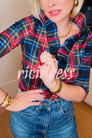 Duke of York Holiday Plaid Ruffle Stand Neck Half Sleeve Blouse