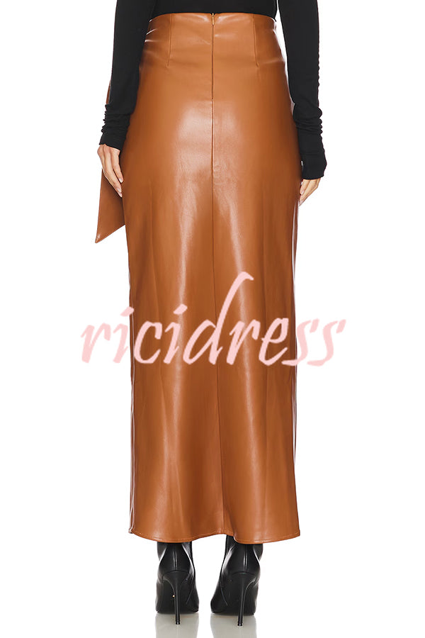 Snappy Casual Slay Faux Leather High Rise Wrap Tie-up Stretch Maxi Skirt