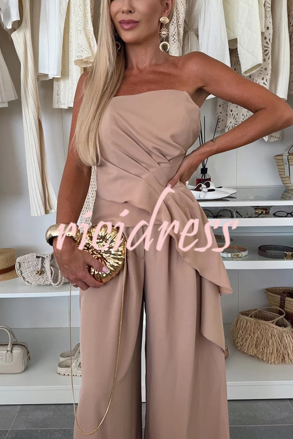 Elegant Solid Color Asymmetric Ruffles Bandeau Top and High Waist Wide Leg Pants Set