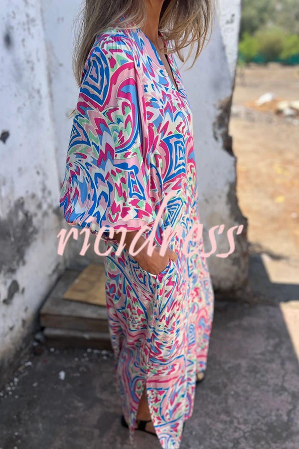 Unique Print V Neck Loose Pocket Holiday Maxi Dress