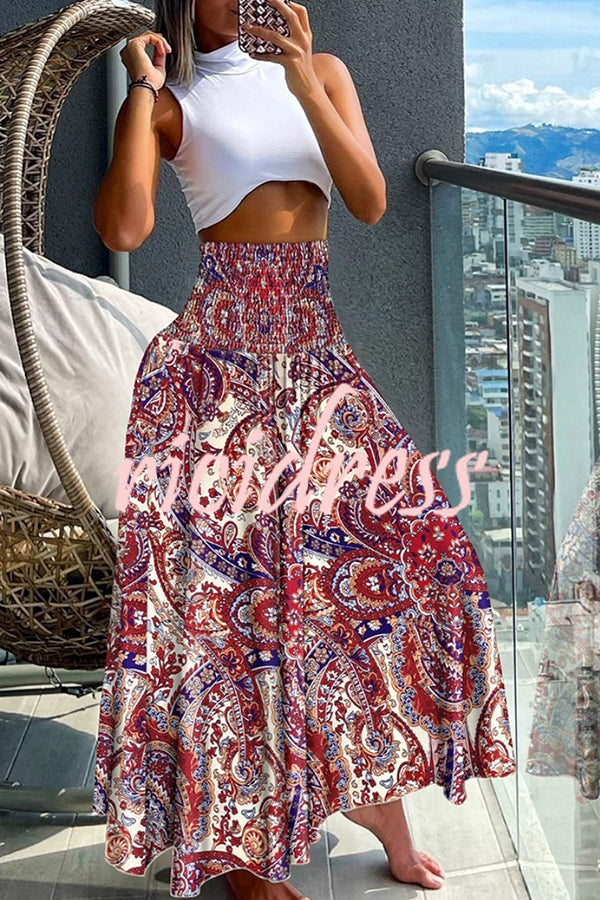 Unique Printed Pleated Elastic Waist Holiday Casual Maxi Skirt