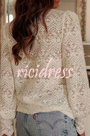 Fashionable Openwork Lace Long-sleeved V-neck Elegant Shirt