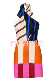 Jeniah Linen Blend Color Block Print Cross Halter Tie-up Loose Mini Dress