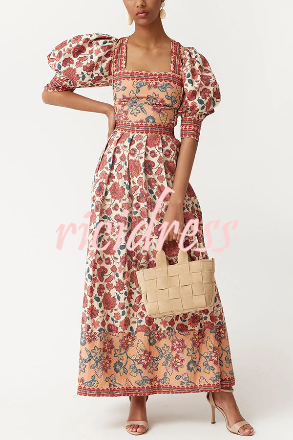 Floral Print Square Neck Puff Sleeve Tie Top and Elegant Casual Maxi Skirt Set