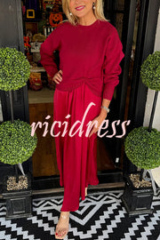 Practical Fashion Knit Ruched Sweater and Satin Stretch Tank Midi Dress Two-piece Set