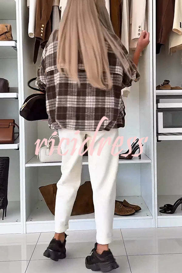 Fashion Plaid Print Lapel Long Sleeve Loose Zipper Jacket
