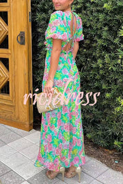 Floral Print V-neck Puff Sleeve Open-back Maxi Dress