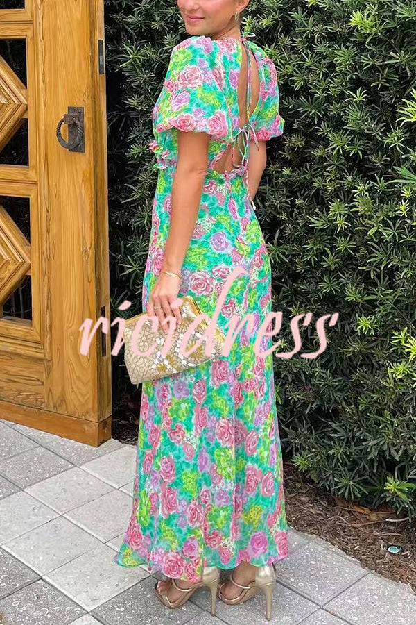 Floral Print V-neck Puff Sleeve Open-back Maxi Dress