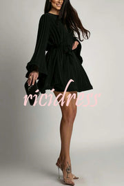 Fashion Bell Sleeve Loose Waist Tie Pleated Mini Dress