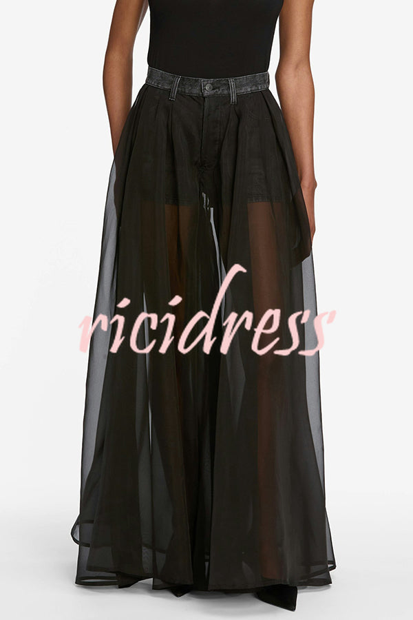 Avant-garde Fashion Denim Flowing Organza Patchwork Pocketed Wide Leg Jeans