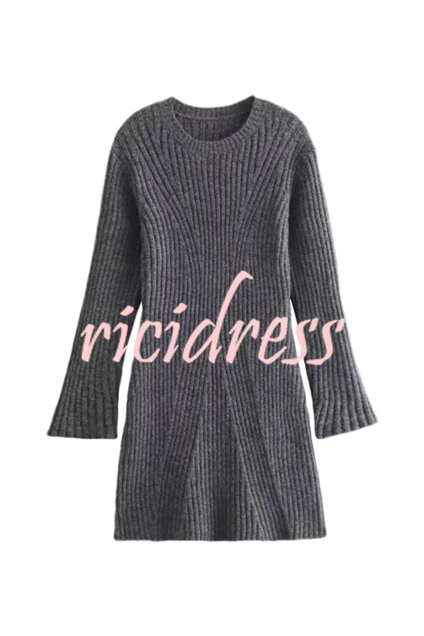 Beautiful Basic Ribbed Knit Long Slit Sleeve Flare Stretch Dress