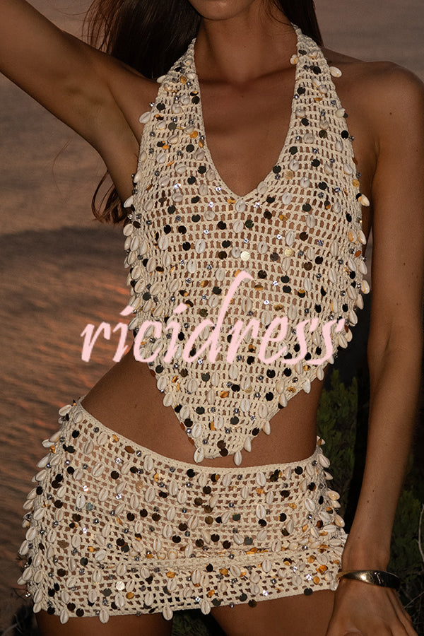 Sexy Halter Back Shell Sequined Top and Fitted Beach Mini Skirt Set