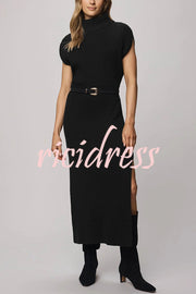 Solid Color Sleeveless Knitted Elegant Waist Midi Dress