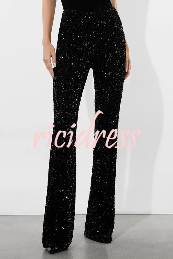 Sparkle Season Sequin High Rise Elastic Waist Stretch Flare Party Pants