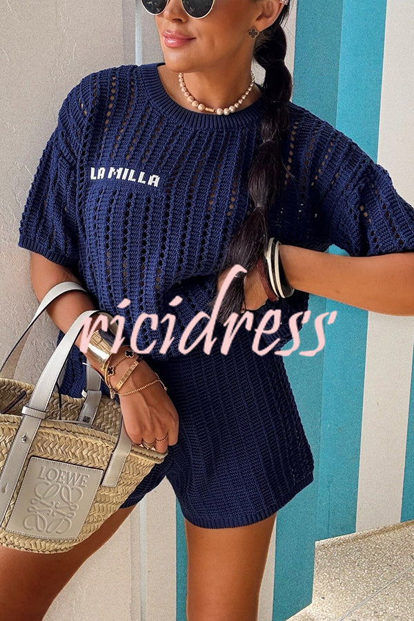 Fashionable Hollow Knit Short-sleeved Top and Elastic High-waist Casual Shorts Set
