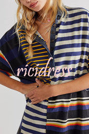 Contrast Striped Patchwork Denim Lapel Loose Casual Mini Dress