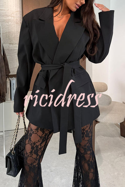 Chic Moment Lapel Long Sleeve Belt Pocketed Oversized Blazer