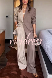 Girl Boss Avant-garde Contrast Colors Lapel Boyfriend Blazer and Pocketed Wide Leg Pants Set