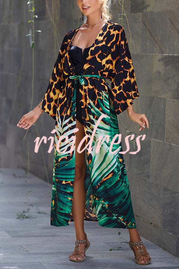 Unique Print Loose Lace Up Holiday Maxi Cover Up