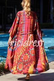 Unique Print Loose Lace Up Holiday Maxi Cover Up