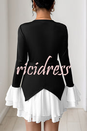 Fashionable Contrast Color Panel Long Sleeve Ruffled Mini Dress