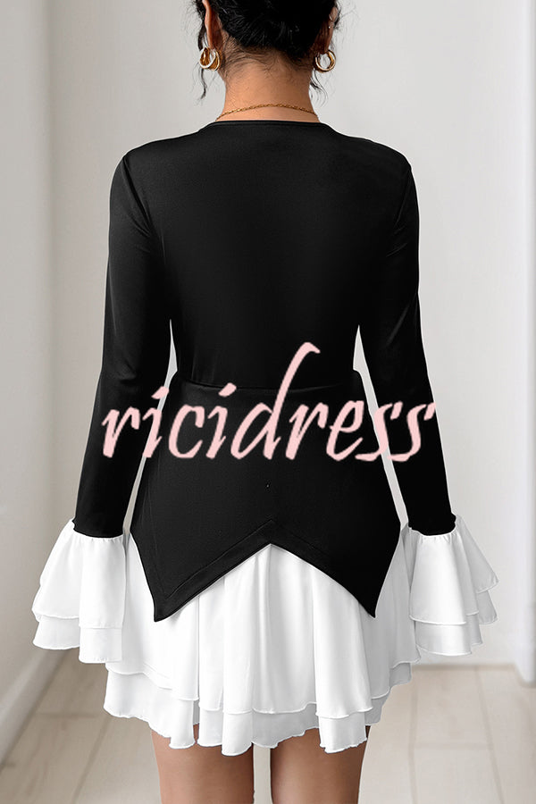 Fashionable Contrast Color Panel Long Sleeve Ruffled Mini Dress