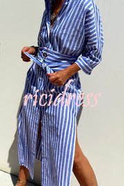 Summer Splendor Printed Button Half Sleeve Belt Loose Shirt Midi Dress