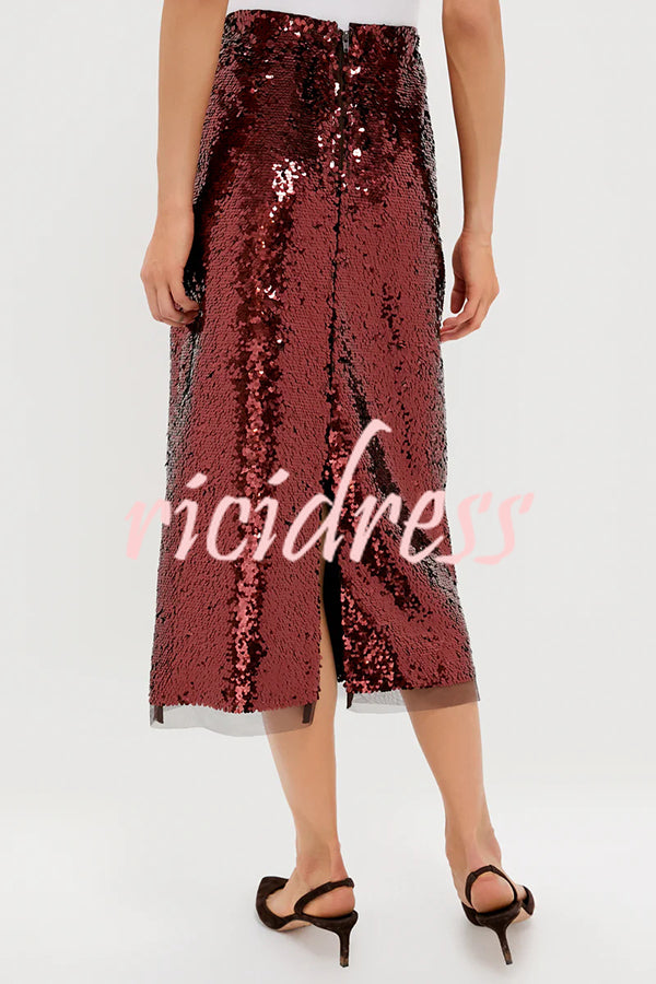 Upper East Chic Sequin Mesh Trim High Rise Slit Pencil Midi Skirt