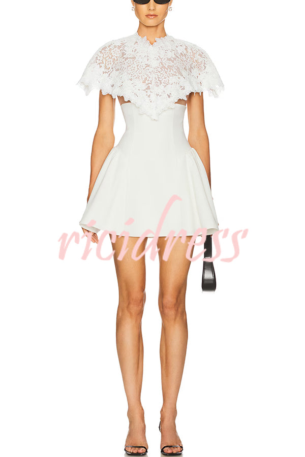 Unforgettable Floral Lace Crop Cape Flare Mini Dress