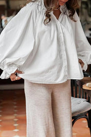 Solid Color V-neck Ruffled Lantern Sleeve Loose Casual Shirt