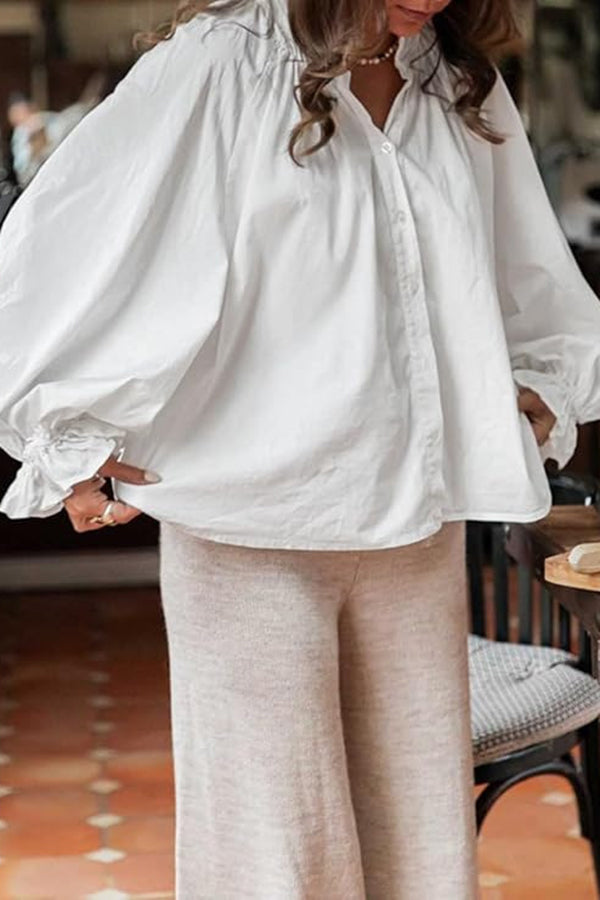 Solid Color V-neck Ruffled Lantern Sleeve Loose Casual Shirt