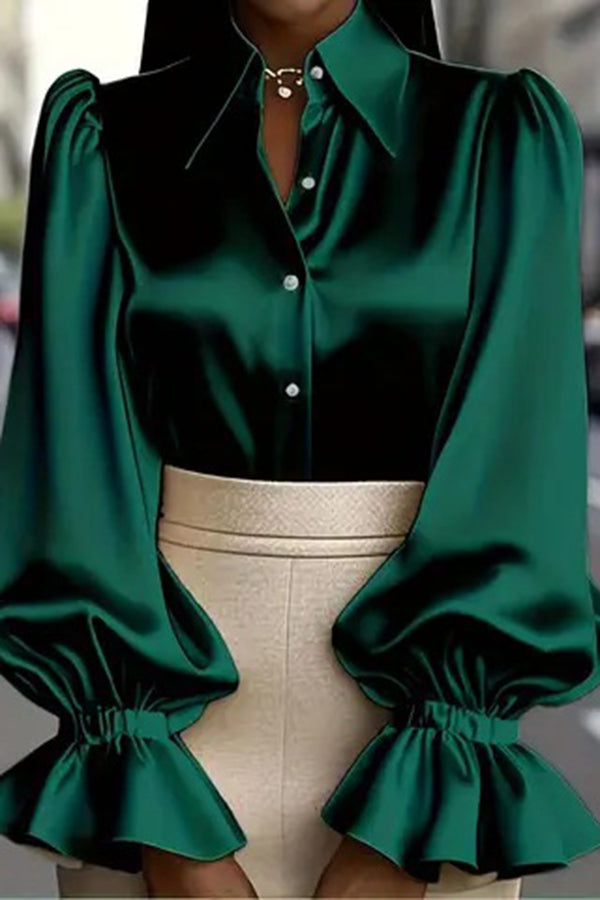 Solid Color Satin Puff Sleeve Casual Button-down Shirt