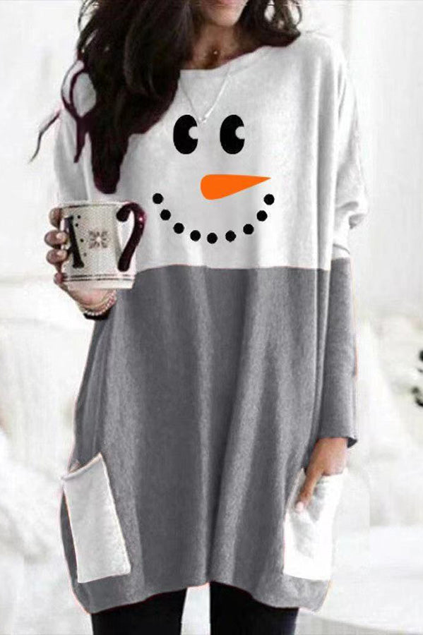 Snowman Print Long Sleeve Pocket Pullover Mini Dress