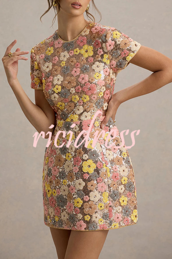 80's Inspired Floral Print Sequin Short Sleeve Stretch Mini Dress