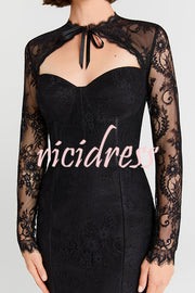 Mylene Lace Corset Cut Sweetheart Tie-up Neck Sheer Long Sleeve Slit Midi Dress