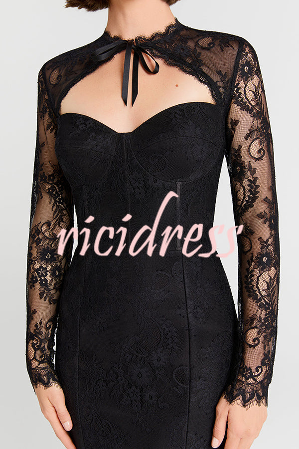 Mylene Lace Corset Cut Sweetheart Tie-up Neck Sheer Long Sleeve Slit Midi Dress