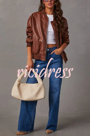 Solid Color Long Sleeve Loose Pocket Leather Jacket