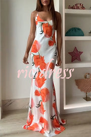 Charming Tulip Print Backless Crisscross Straps Flare Scarf Maxi Dress
