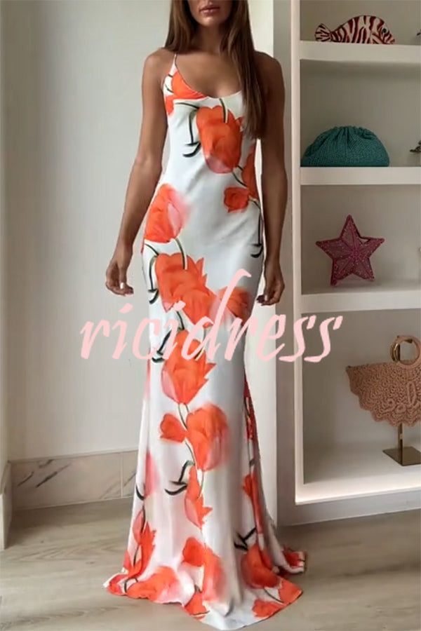 Charming Tulip Print Backless Crisscross Straps Flare Scarf Maxi Dress