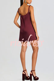 Taste Red Wine Satin Gemstone Trim Round Neck Slip H-line Mini Dress