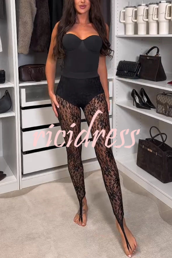 Chic Style Floral Lace See-through High Rise Elastic Waist Tapered Pants