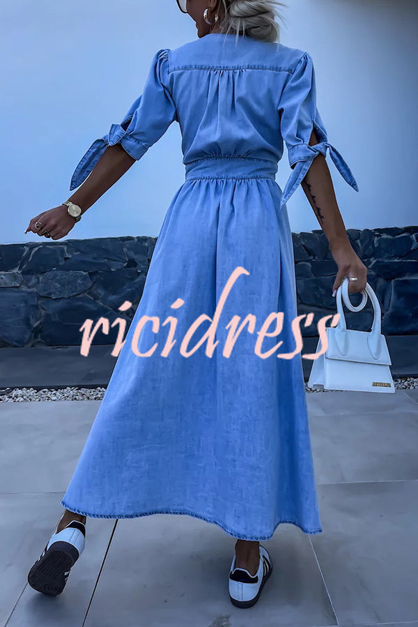 Solid Color V-neck Button-down Denim Midi Dress