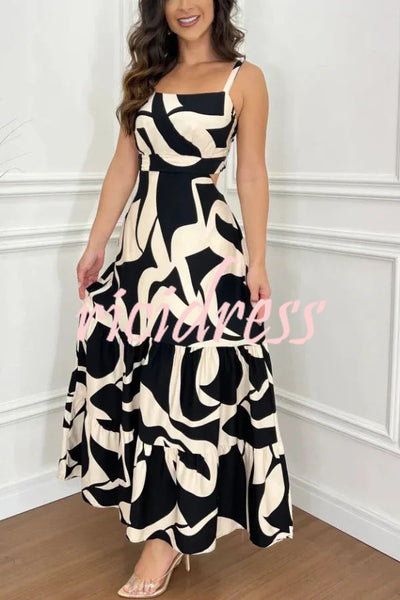 Elegant Colorblock Print Back Cutout Smocked Maxi Dress