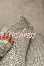 Fashionable Shiny Sequined Long-Sleeved Cropped Top and Casual Wide-Leg Pants Set